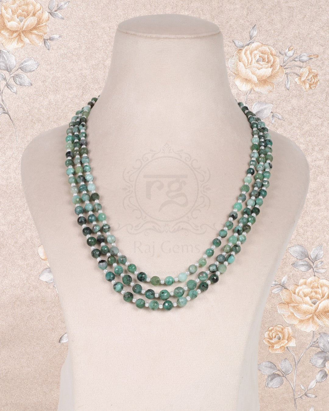 Natural Emerald And Pearl gemstone Round Beads Necklace Jewelry