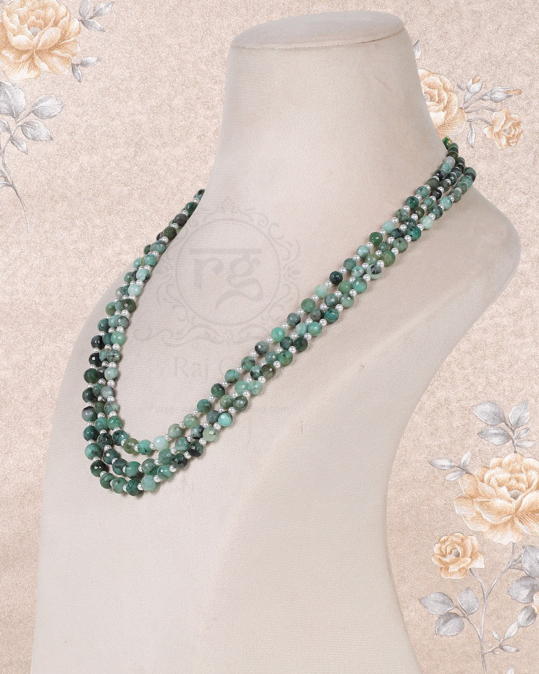 Natural Emerald And Pearl gemstone Round Beads Necklace Jewelry