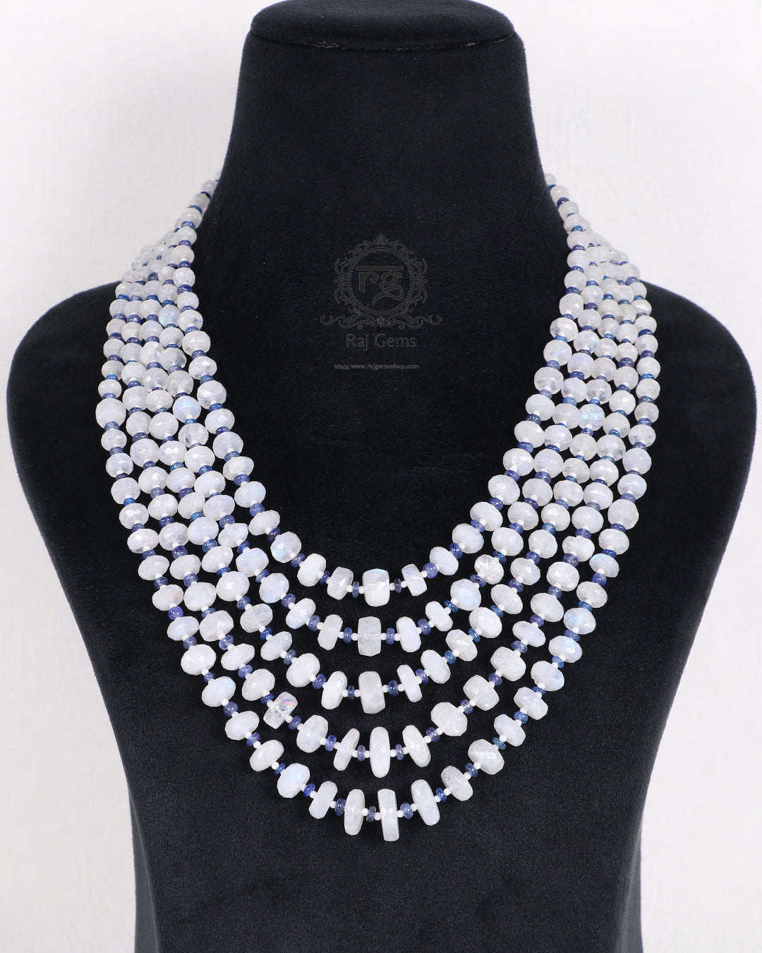 Natural Rainbow Moonstone & Blue Sapphire Gemstone Beads Necklace Jewelry