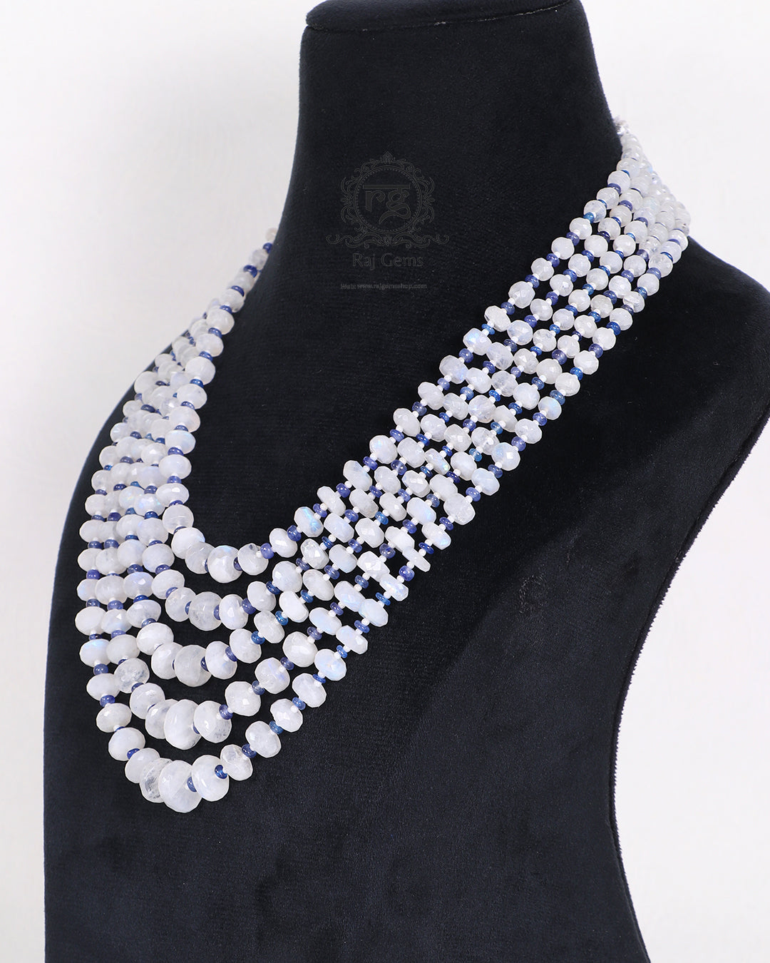 Natural Rainbow Moonstone & Blue Sapphire Gemstone Beads Necklace Jewelry