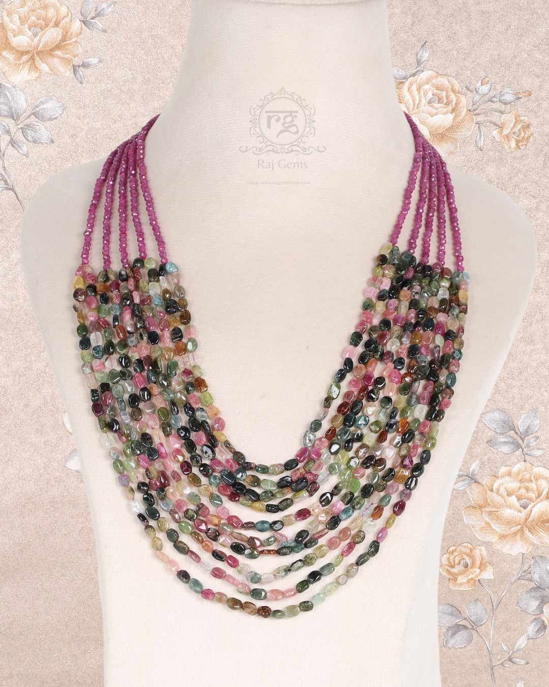 Natural Multi Tourmaline & Ruby Gemstone Beads Necklace