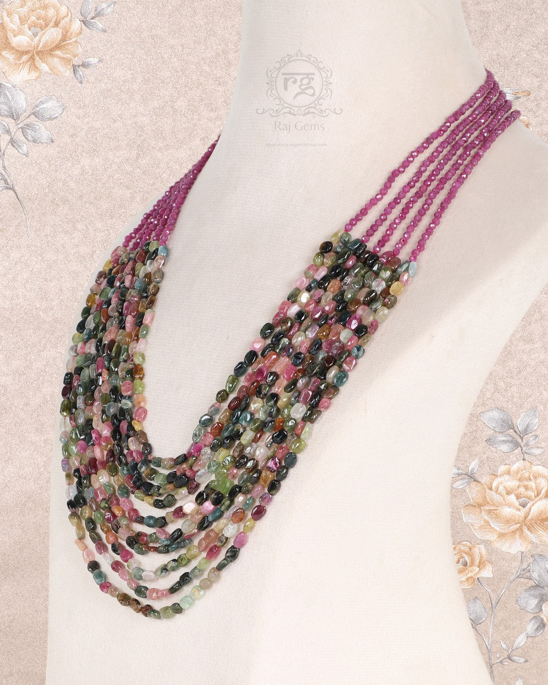 Natural Multi Tourmaline & Ruby Gemstone Beads Necklace