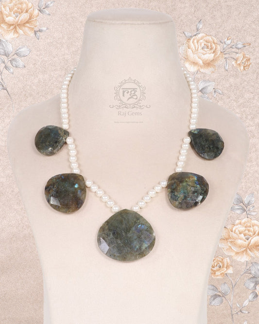 Natural Labradorite & Pearl Gemstone Beads Necklace Jewelry