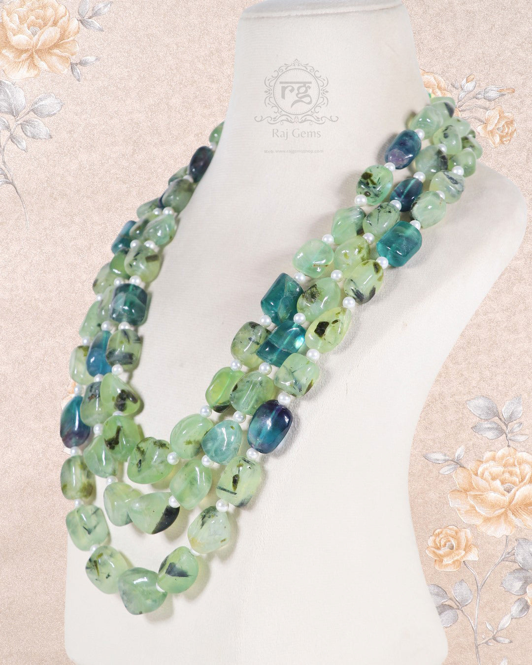 Natural Fluorite & Prehnite Gemstone Beads Necklace Jewelry