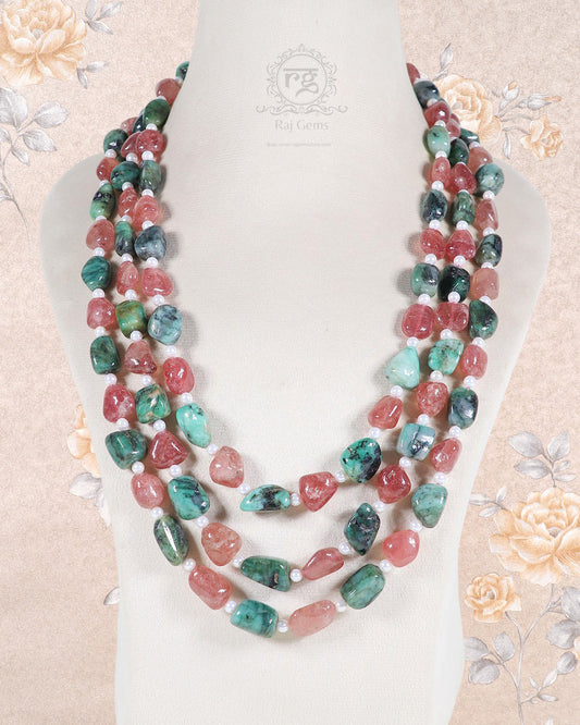 Natural Pink Quartz & Emerald Gemstone Beads Necklace Jewelry