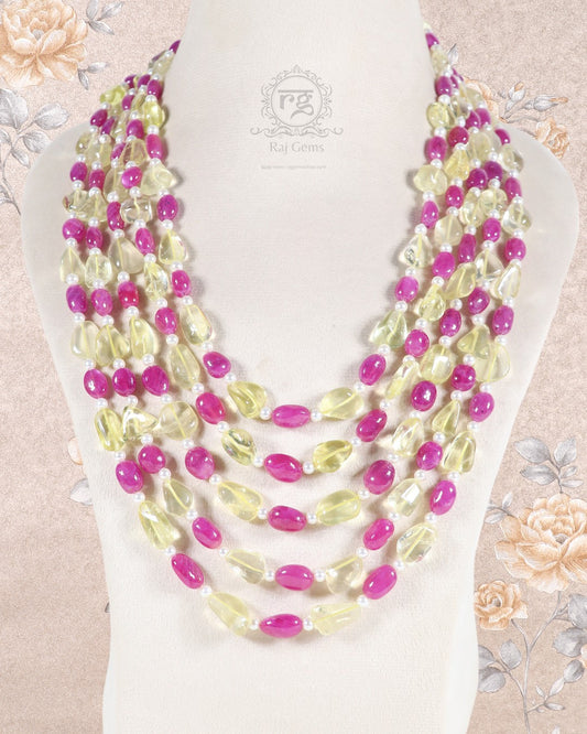 Natural Ruby & Lemon Quartz Gemstone Beads Necklace Jewelry