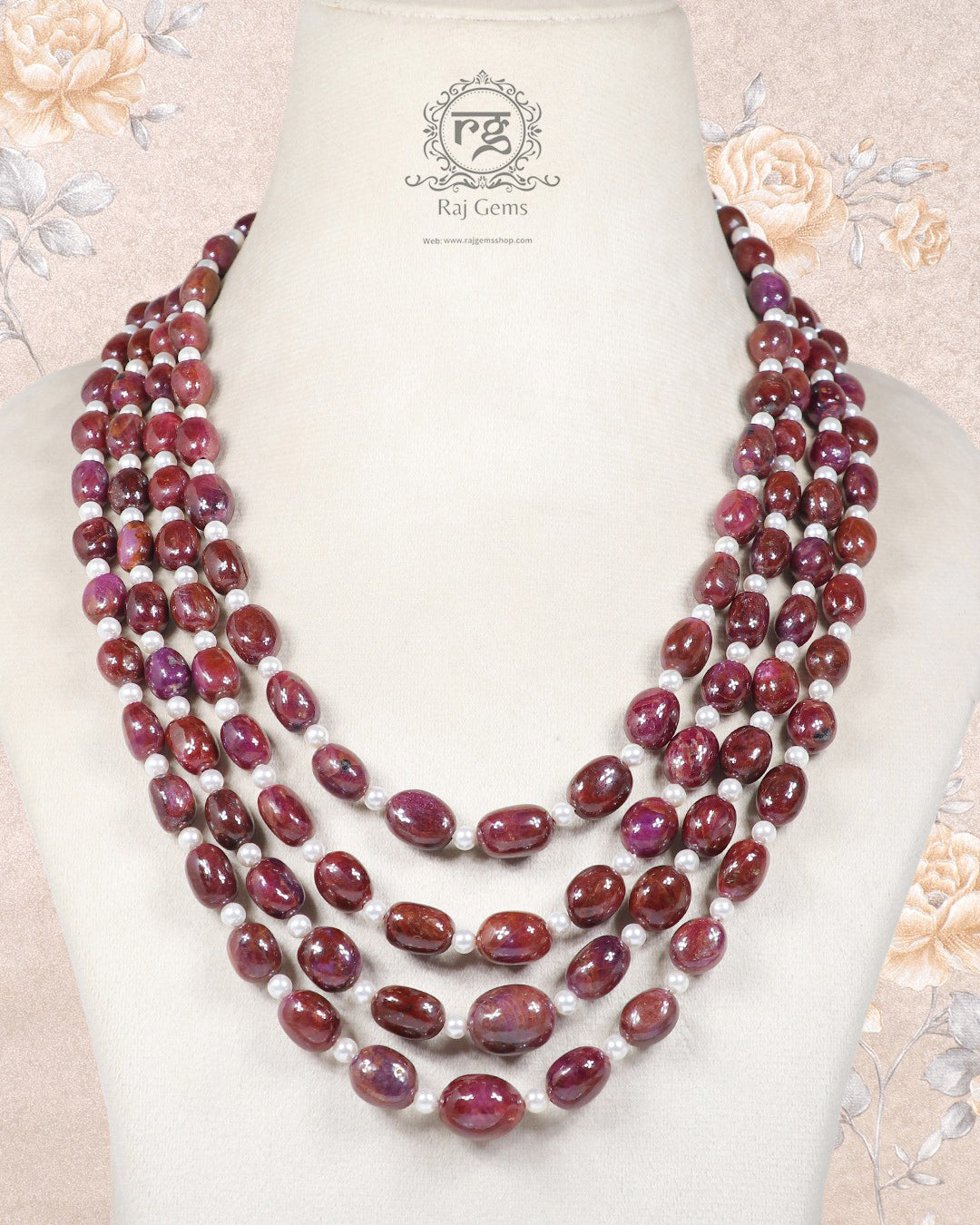 Natural Ruby & Pearl Gemstone Tumble Beads Necklace Jewelry