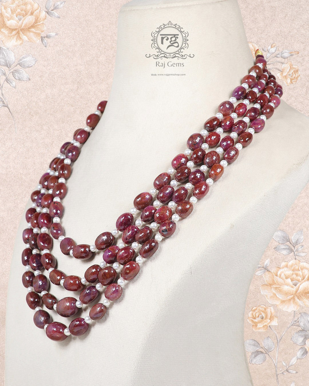 Natural Ruby & Pearl Gemstone Tumble Beads Necklace Jewelry