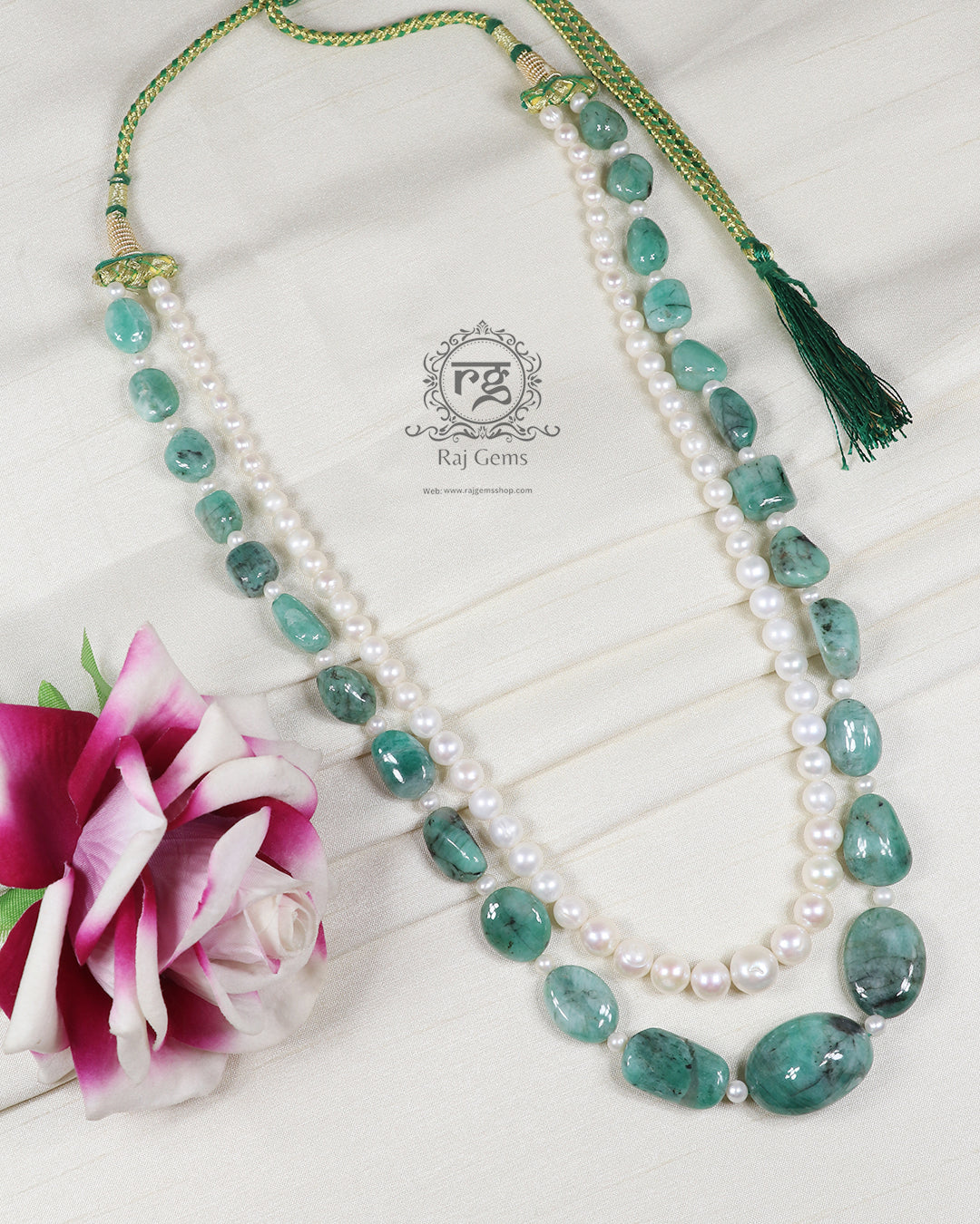 Natural Emerald & Pearl Gemstone Beads Necklace Jewelry