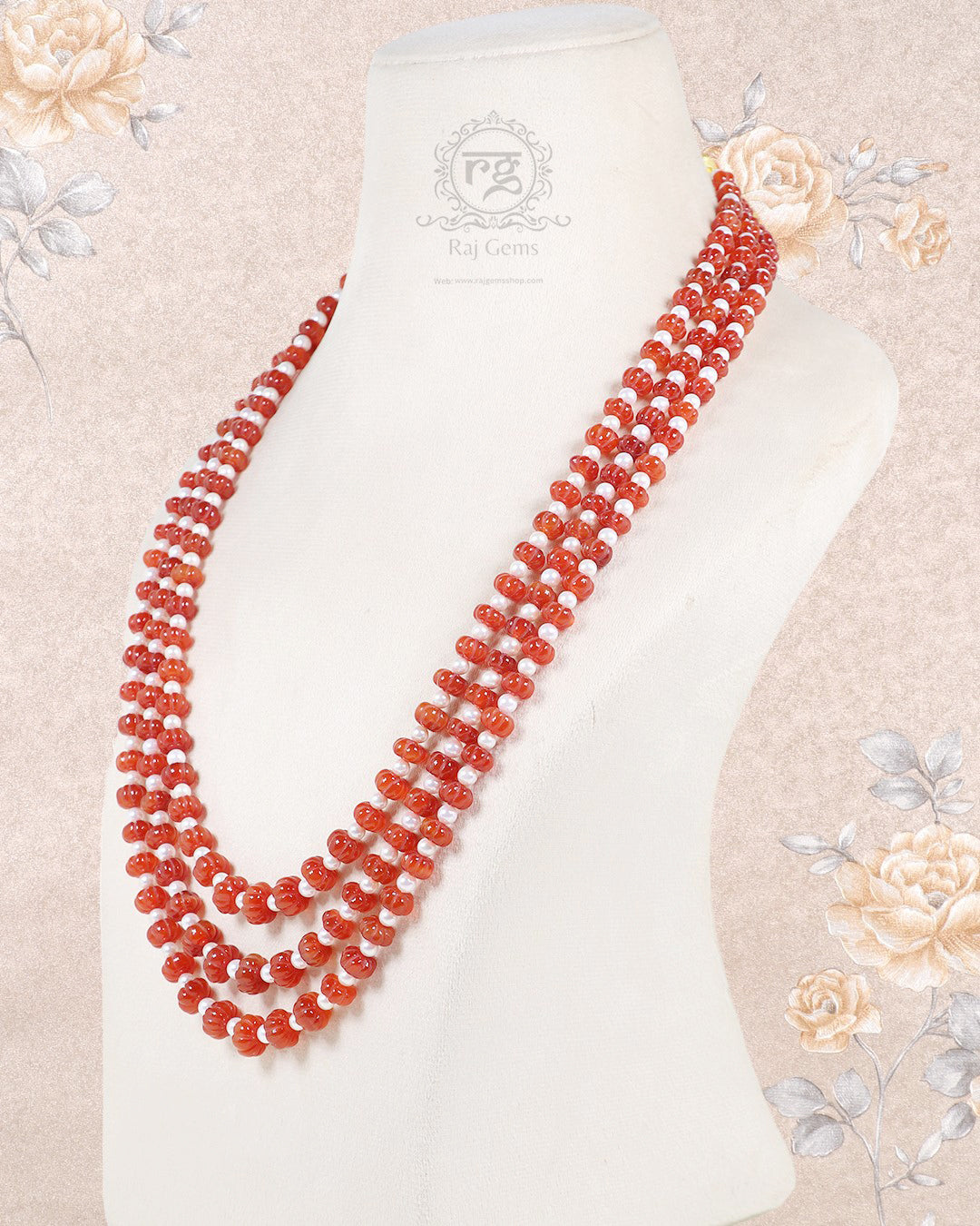 Natural Carnelian & Pearl Gemstone Beads Necklace Jewelry