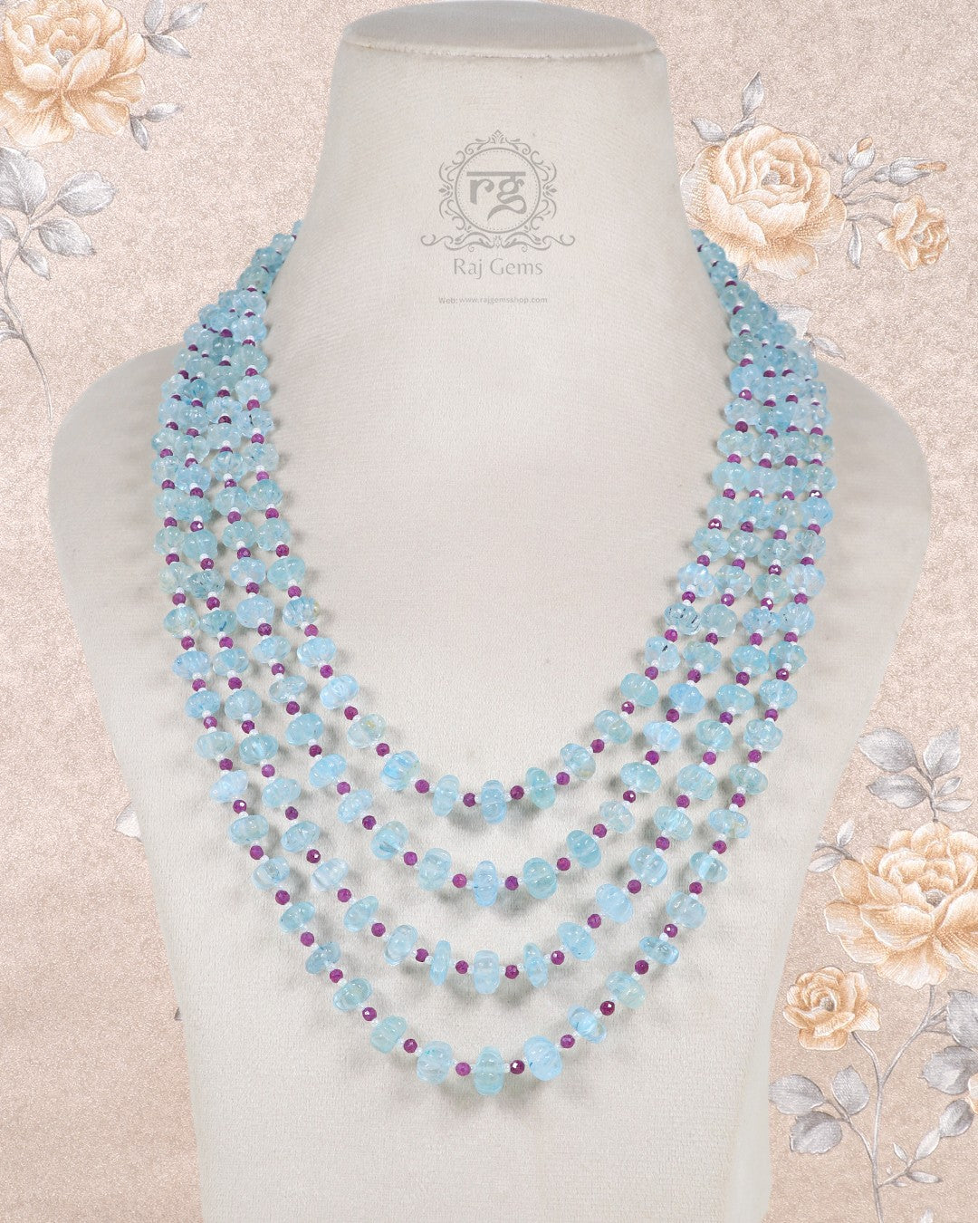 Natural Aquamarine, Ruby & Pearl Gemstone Beads Necklace Jewelry