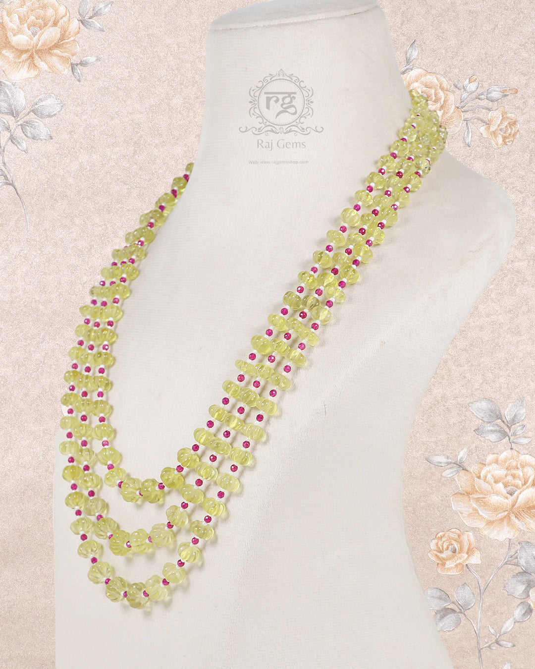 Natural Lemon Quartz, Ruby & Pearl Gemstone Beads Necklace Jewelry