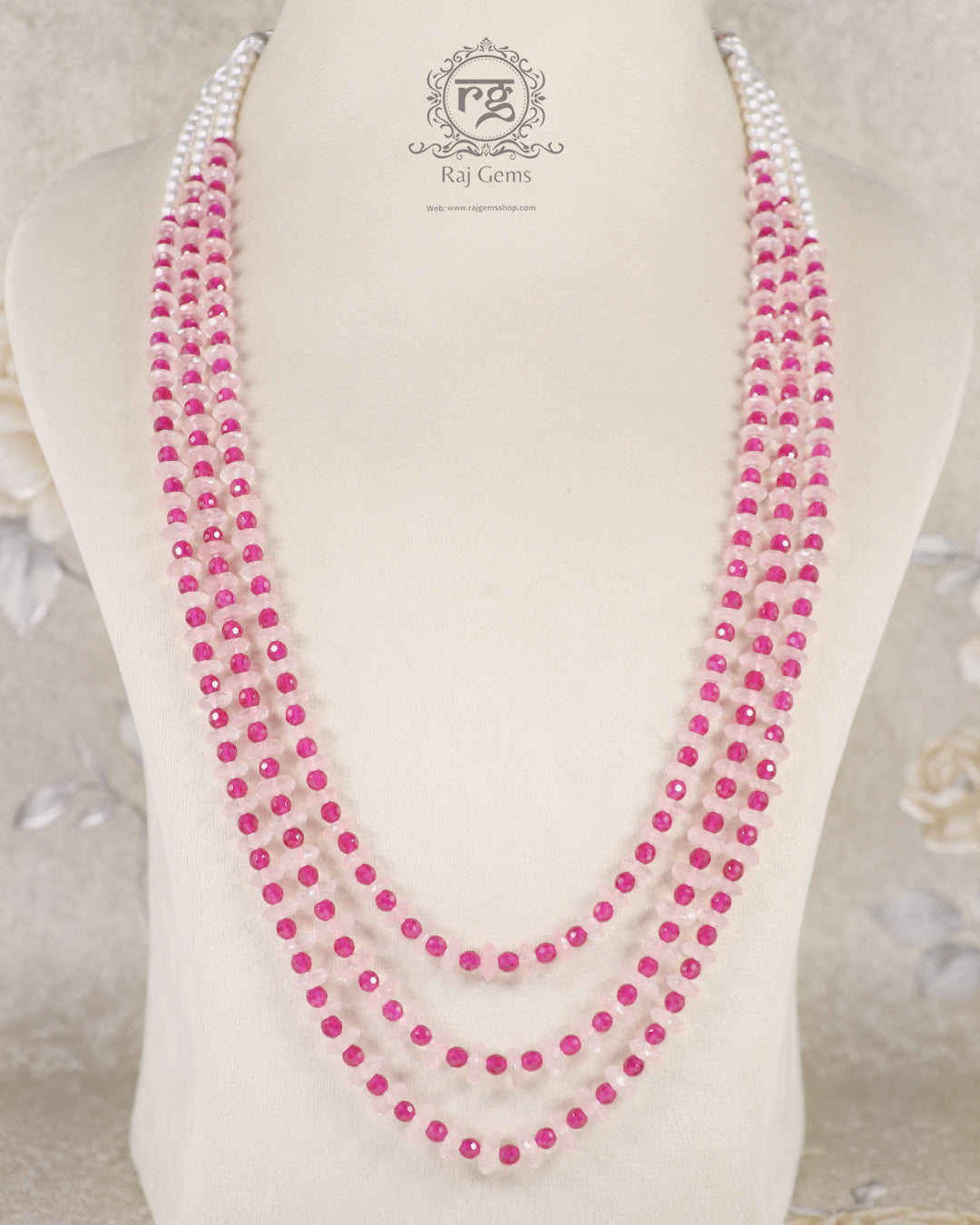 Natural Rose Quartz & Red Gemstone Beads Necklace Jewelry