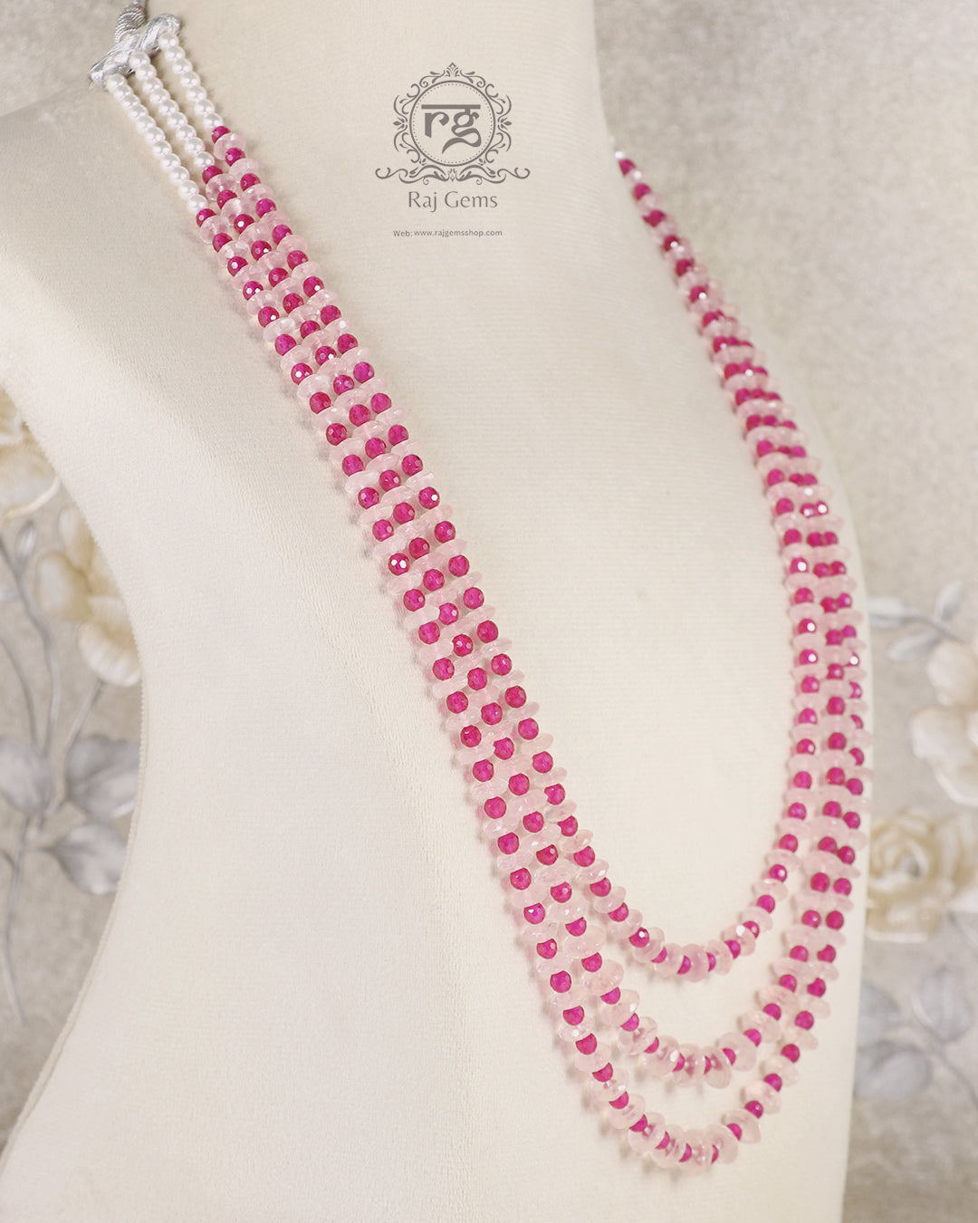 Natural Rose Quartz & Red Gemstone Beads Necklace Jewelry