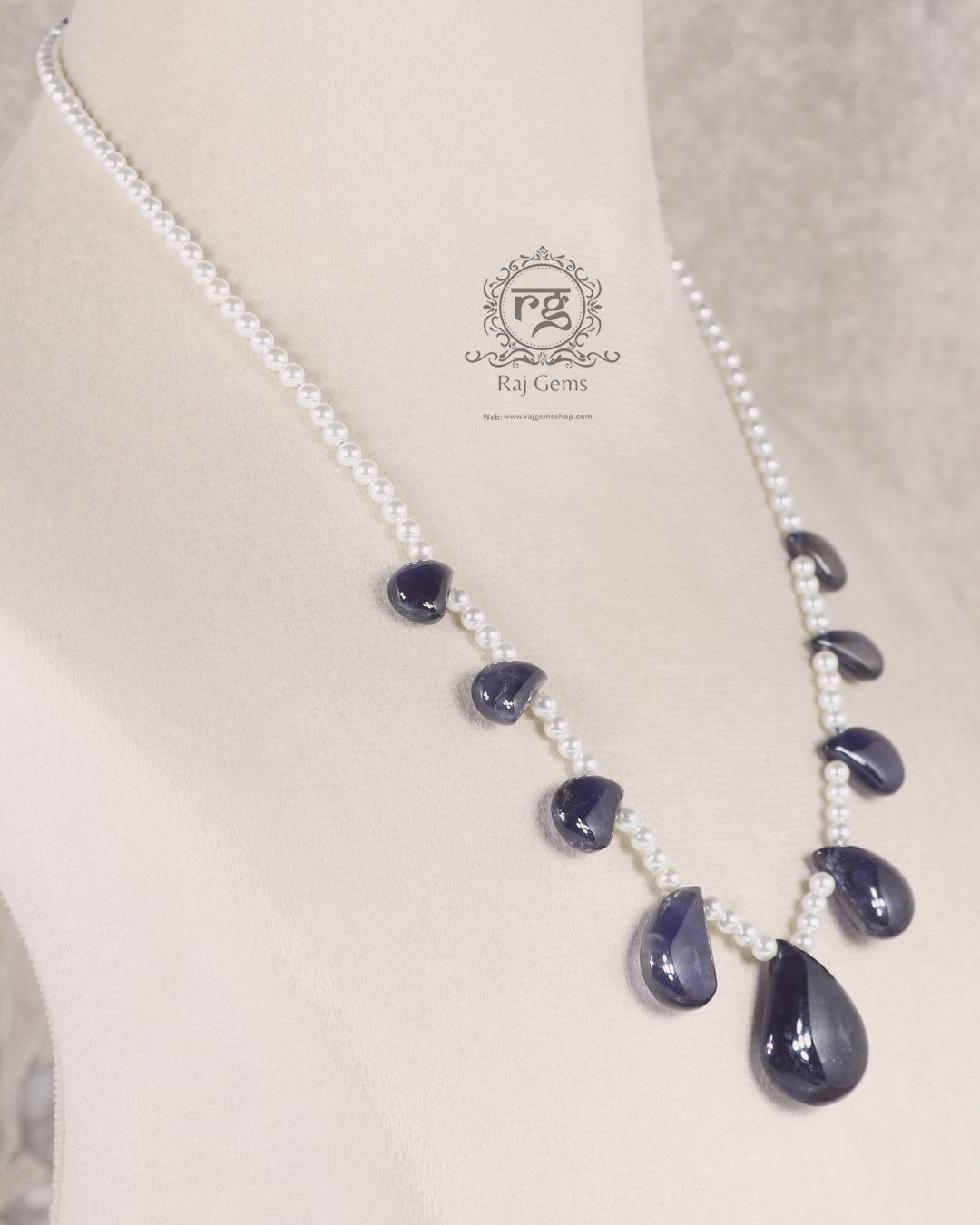 Natural Iolite & Pearl Gemstone Drop Beaded Necklace