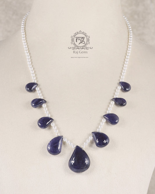 Natural Iolite & Pearl Gemstone Drop Beaded Necklace