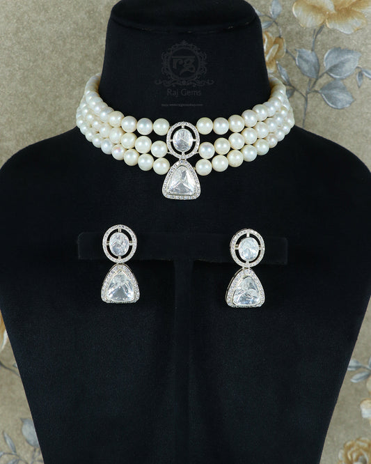 925 Silver White Stone Choker Necklace Set with Earring