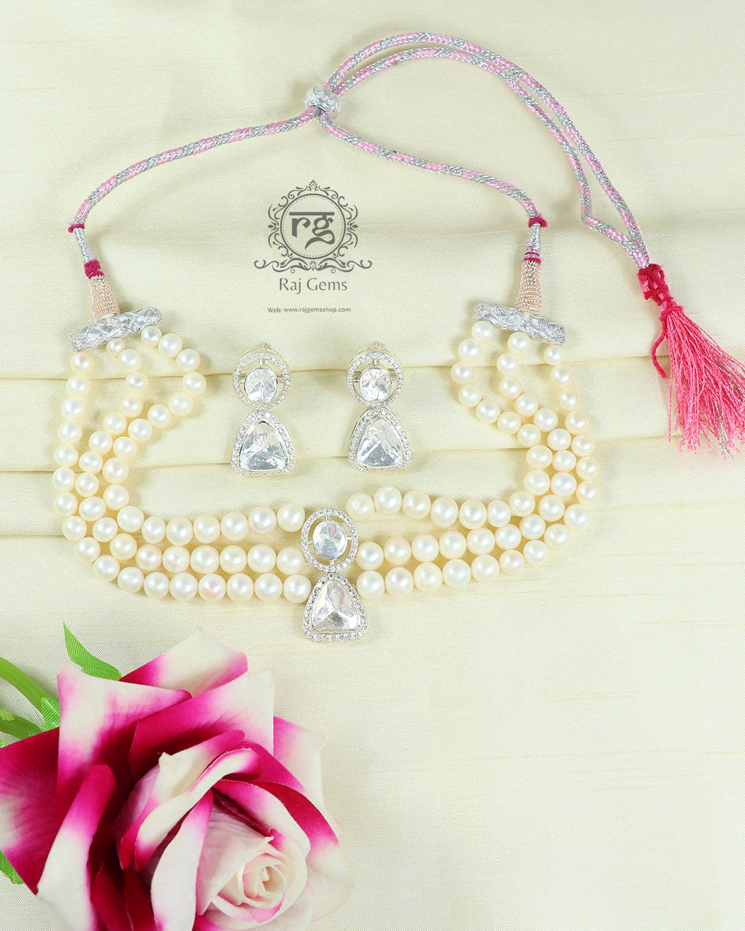 925 Silver White Stone Choker Necklace Set with Earring