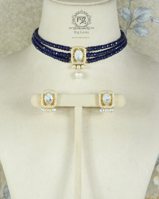 925 Silver Natural Blue Sapphire Necklace Set with Earring