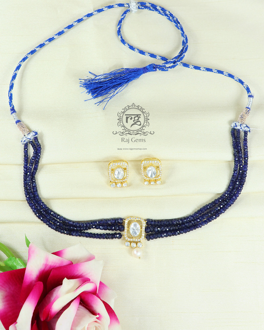 925 Silver Natural Blue Sapphire Necklace Set with Earring