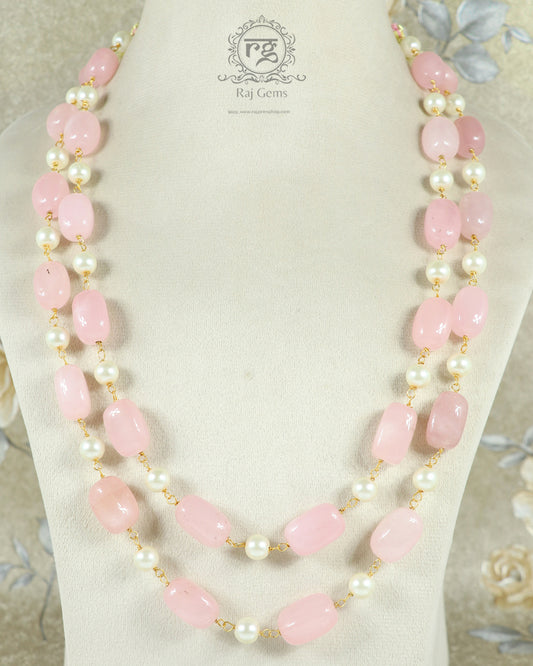 Natural Rose Quartz & Pearl Gemstone Beads Necklace Jewelry