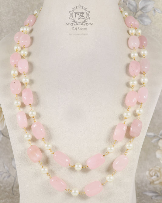 Natural Rose Quartz & Pearl Gemstone Beads Necklace Jewelry