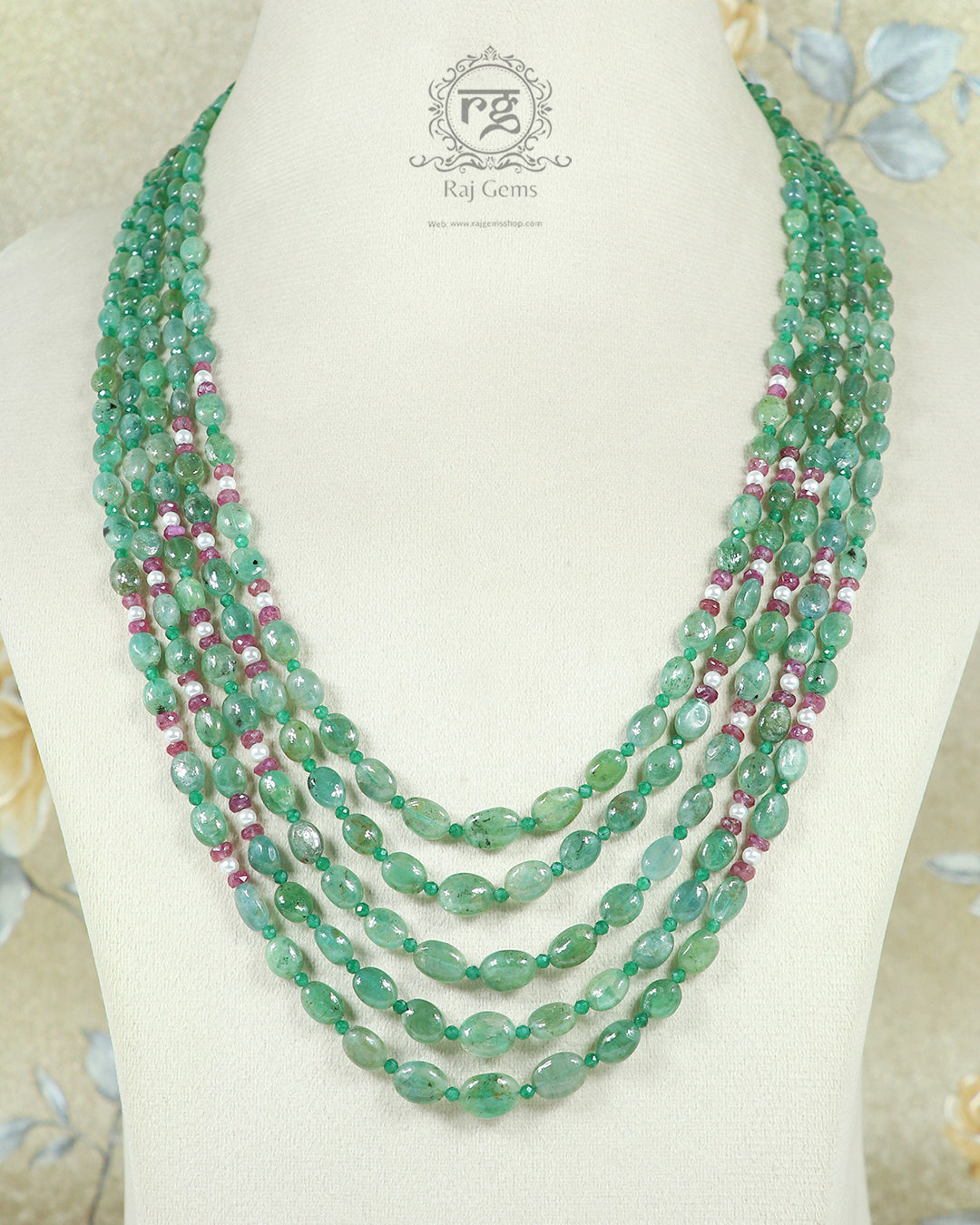 Natural Emerald, Ruby & Pearl Gemstone Beads Necklace Jewelry