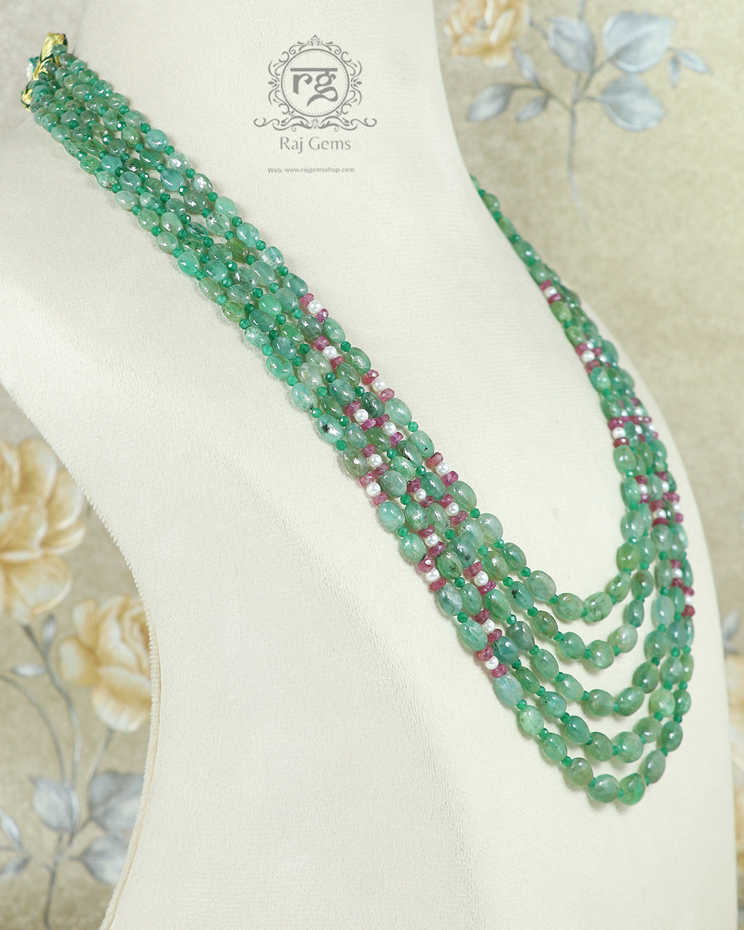 Natural Emerald, Ruby & Pearl Gemstone Beads Necklace Jewelry