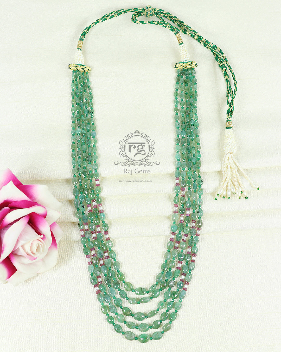 Natural Emerald, Ruby & Pearl Gemstone Beads Necklace Jewelry