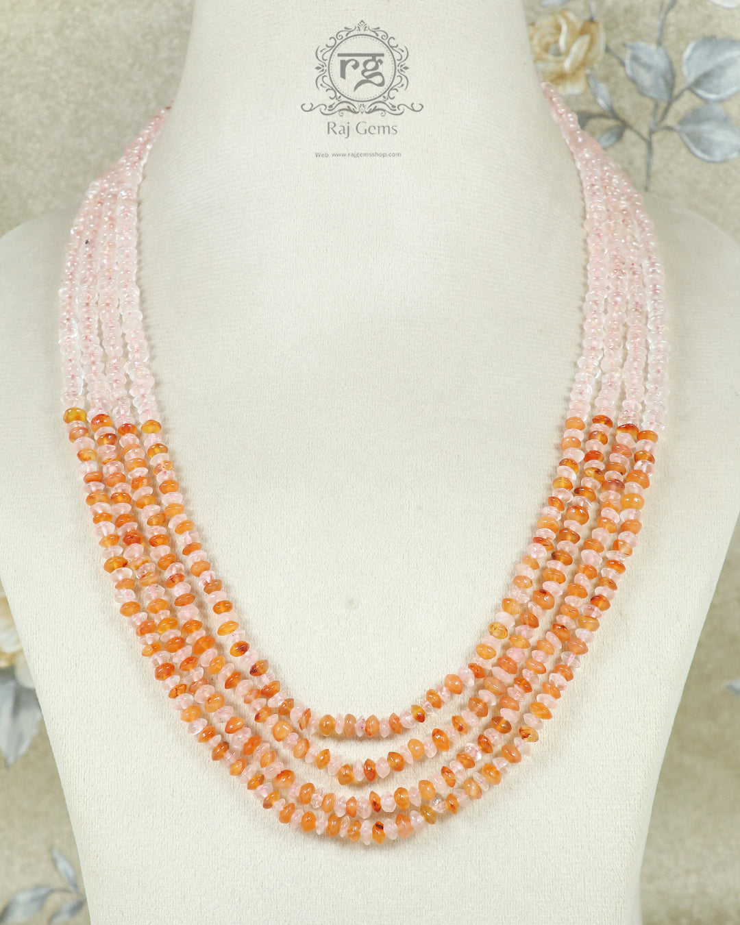 Natural Rose Quartz & Carnelian Gemstone Rondelle Smooth Beaded Necklace