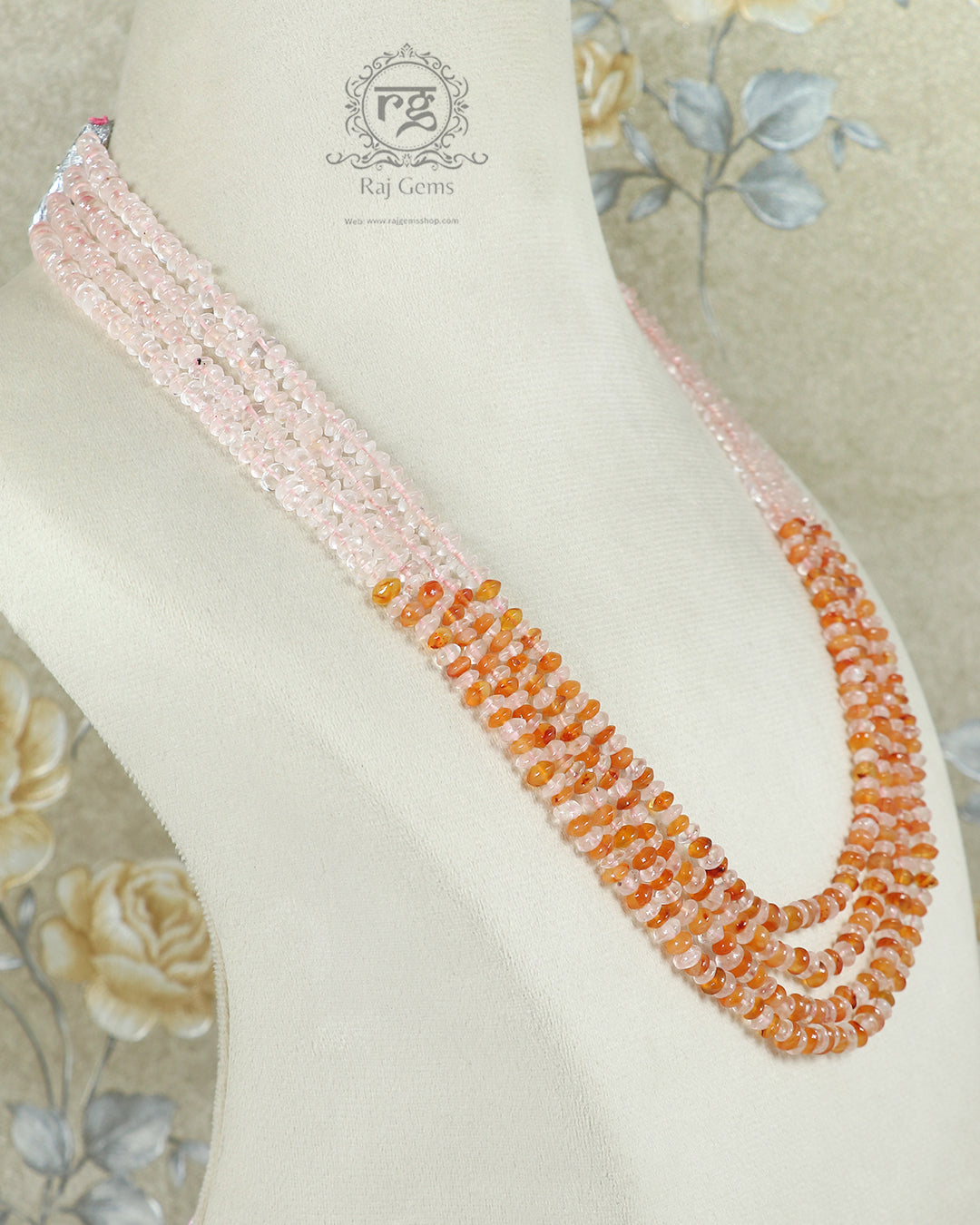 Natural Rose Quartz & Carnelian Gemstone Rondelle Smooth Beaded Necklace