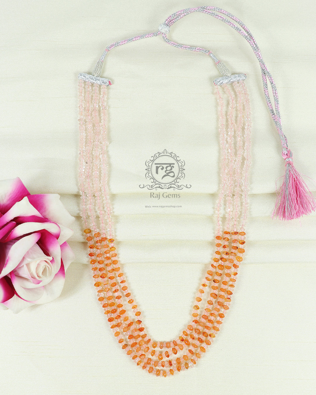 Natural Rose Quartz & Carnelian Gemstone Rondelle Smooth Beaded Necklace