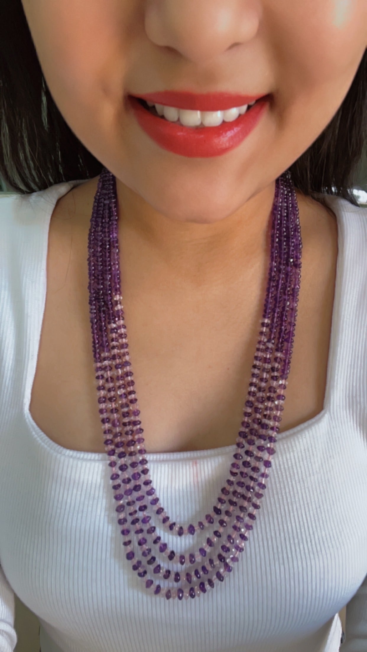 Natural Amethyst & Rose Quartz Gemstone Rondelle Smooth Beaded Necklace