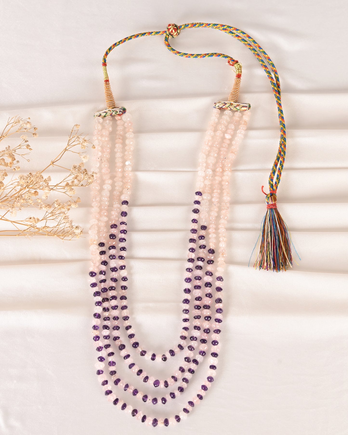 Natural Rose Quartz & Amethyst Gemstone Rondelle Smooth Beaded Necklace