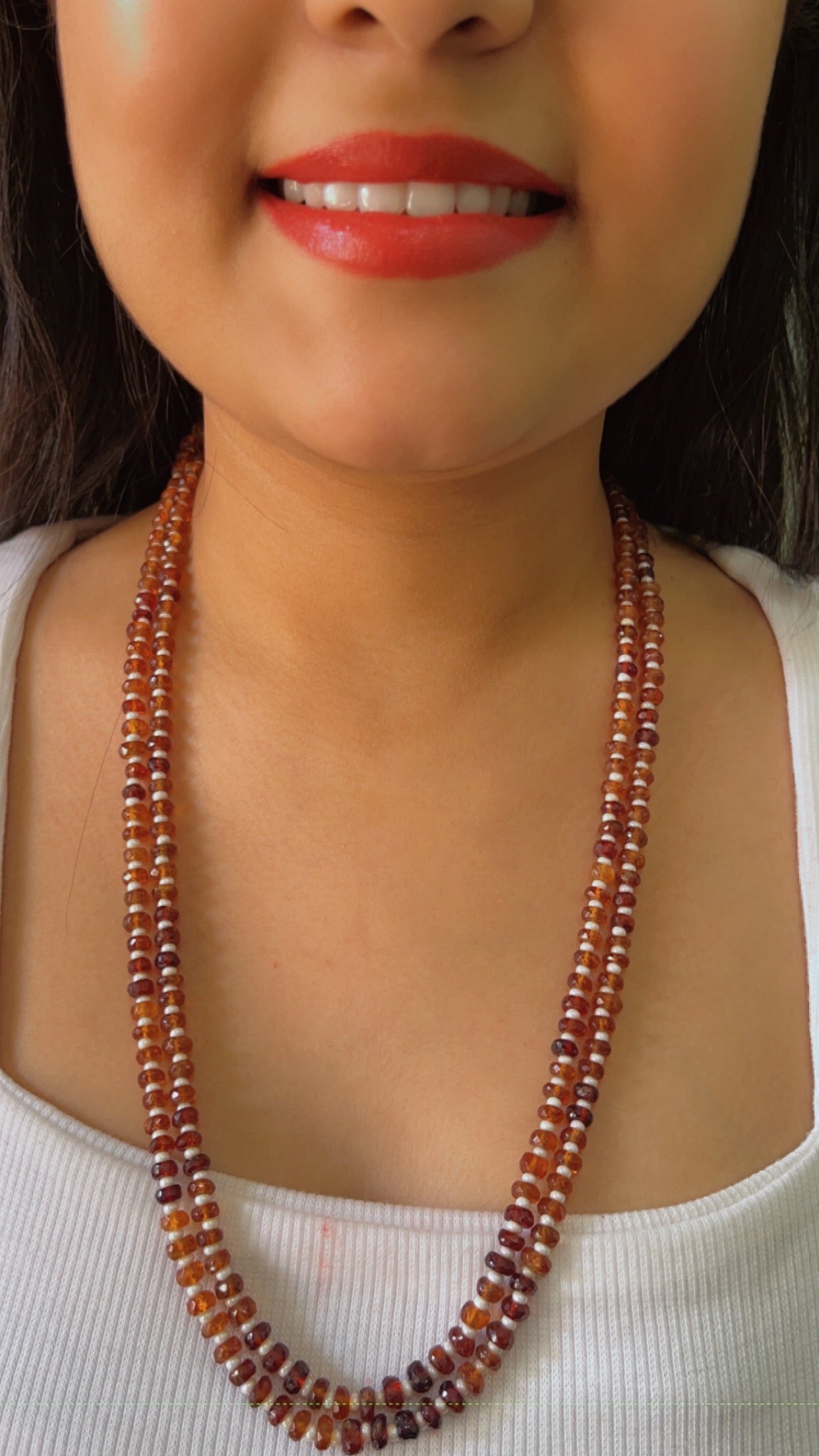 Natural Hessonite Garnet & Pearl Gemstone Beads Necklace Jewelry