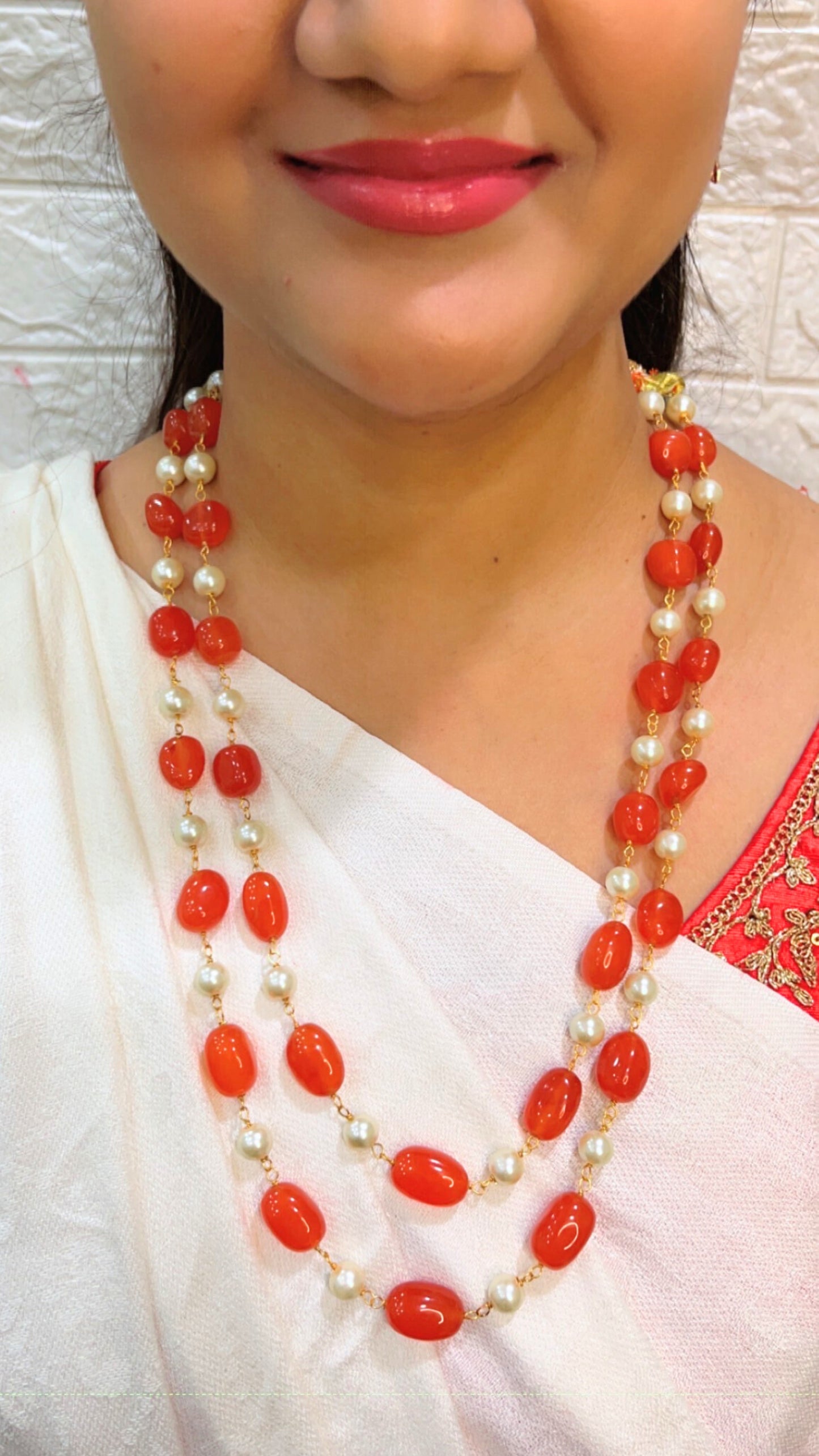 Natural Peach Quartz & Pearl Gemstone Beads Necklace Jewelry