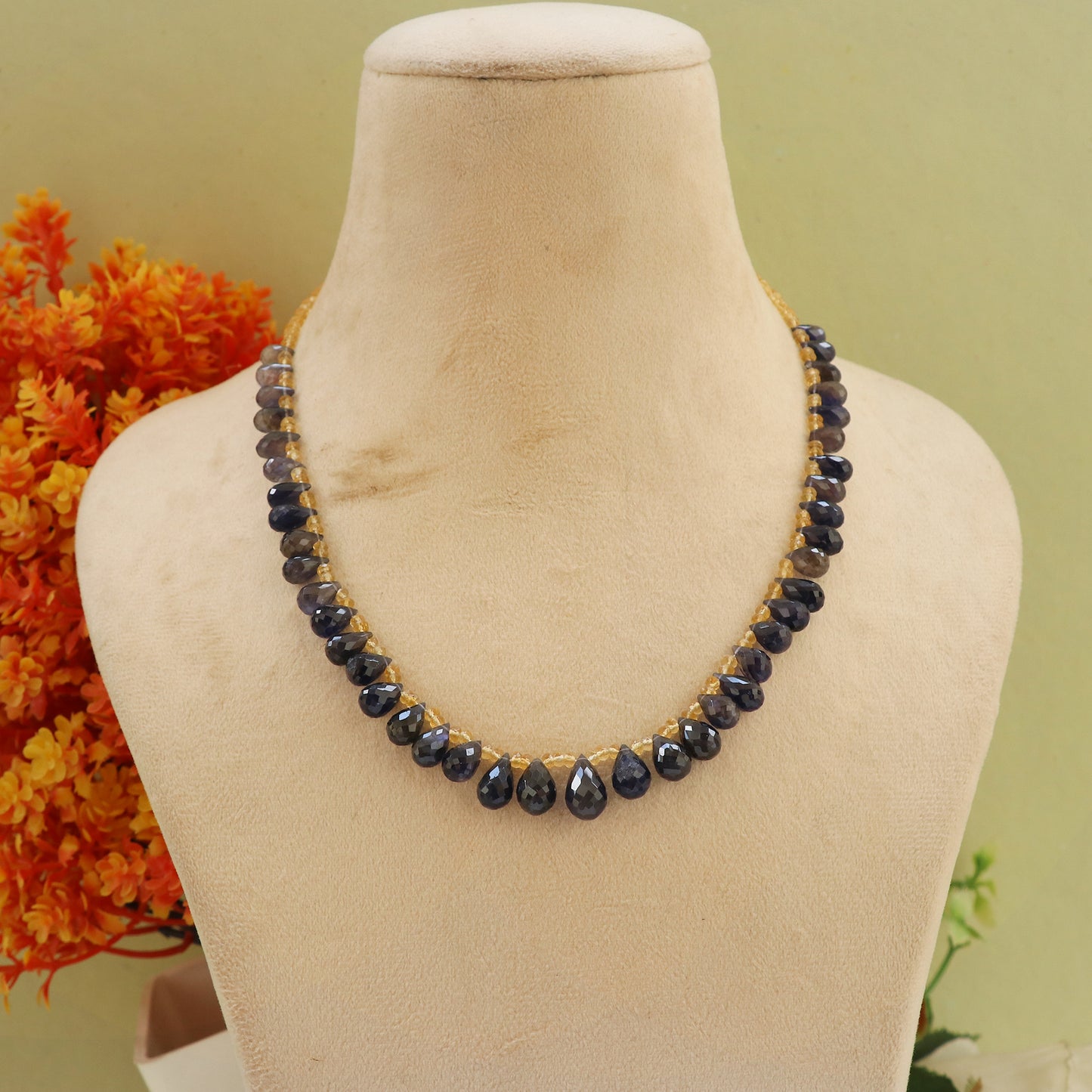 Natural Iolite & Citrine Gemstone Drop Beaded Necklace