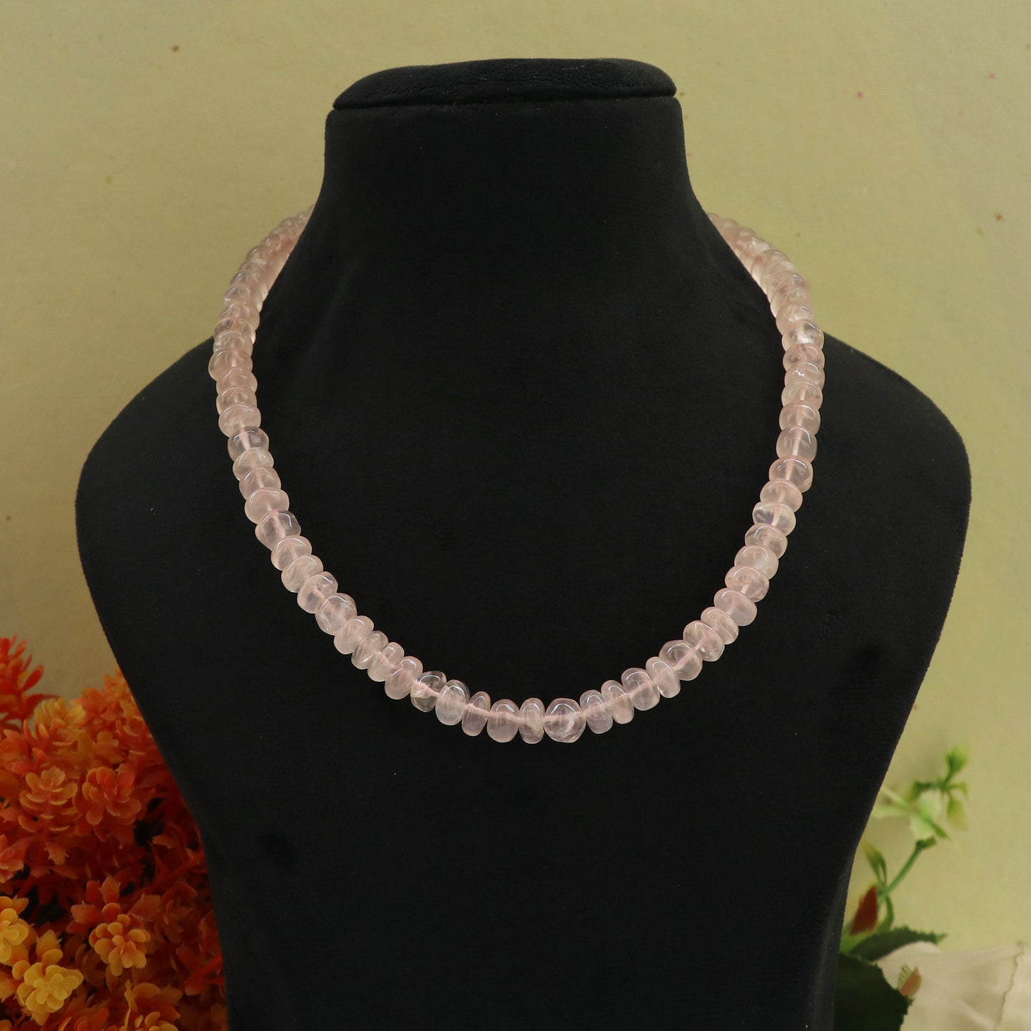 Natural Rose Quartz Gemstone Rondelle Beaded Necklace