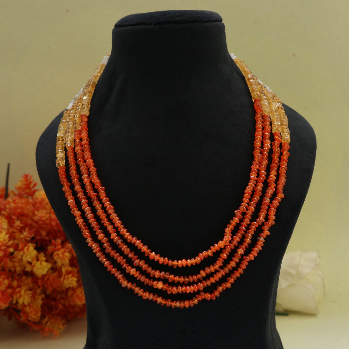 Natural Carnelian & Citrine & Rainbow moonstone gemstone Rondelle & Tyre Beaded necklace