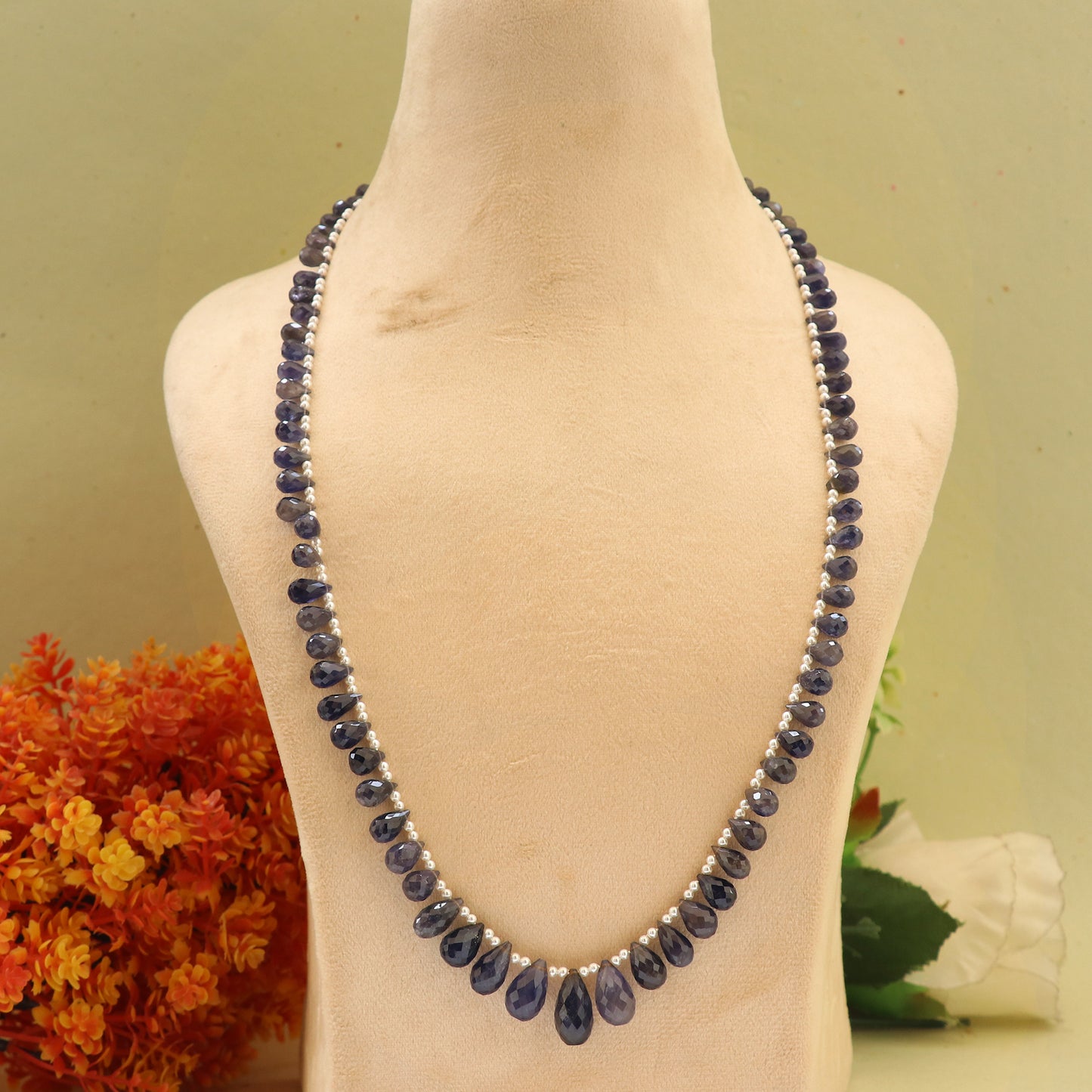 Natural Iolite Gemstone Drop Beaded Necklace