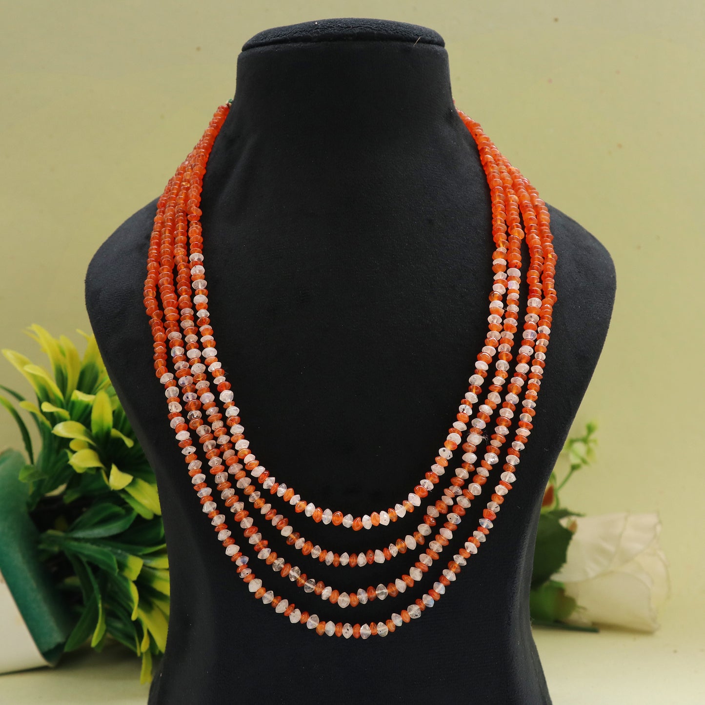 Natural Rainbow Moonstone & Carnelian Gemstone Rondelle Beaded Necklace