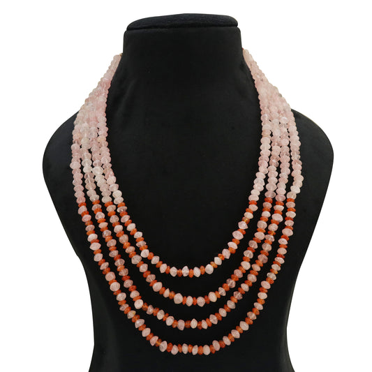 Natural Rose Quartz & Carnelian Gemstone Rondelle Smooth Beaded Necklace