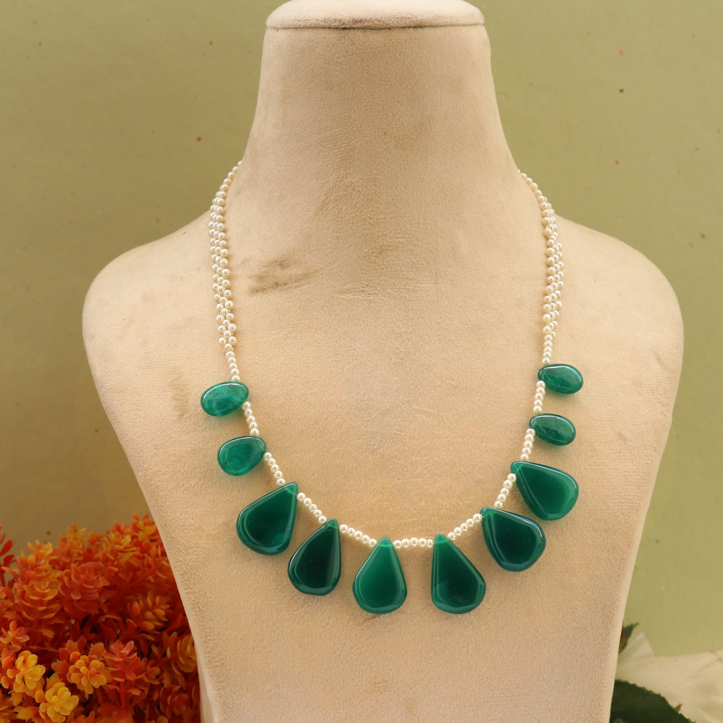 Natural Green Onyx Gemstone Drop Beaded Necklace