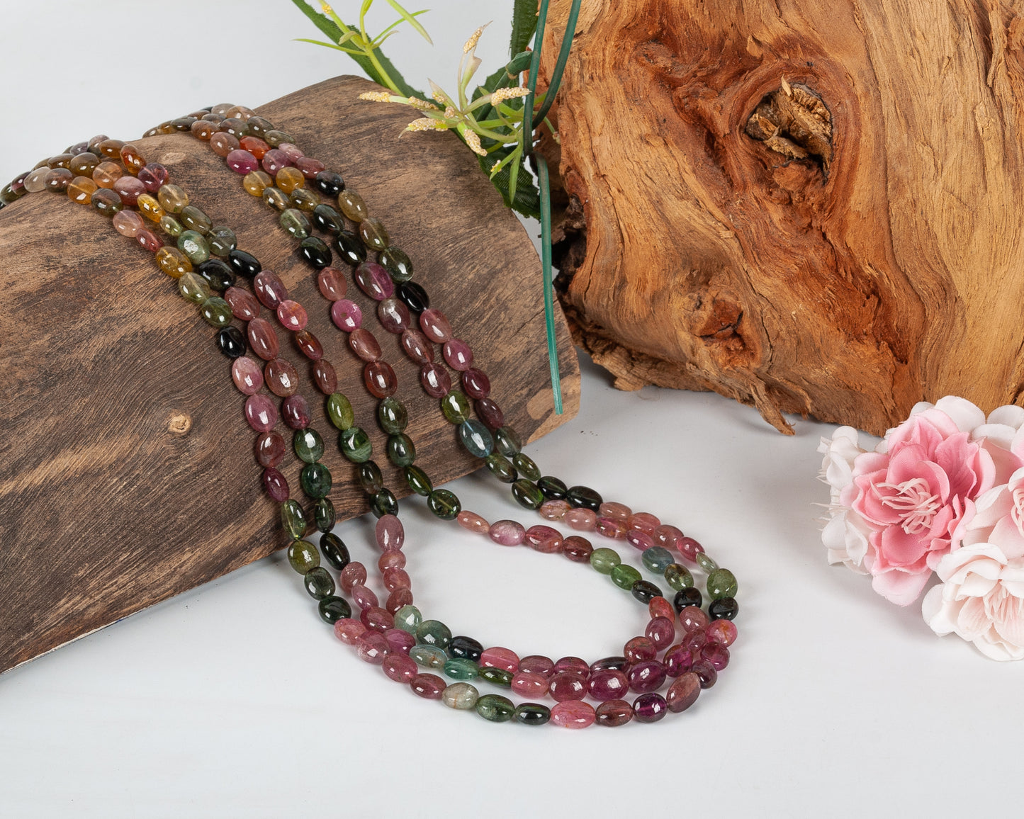 Natural Multi Tourmaline Oval Gemstone Beads Necklace Jewelry