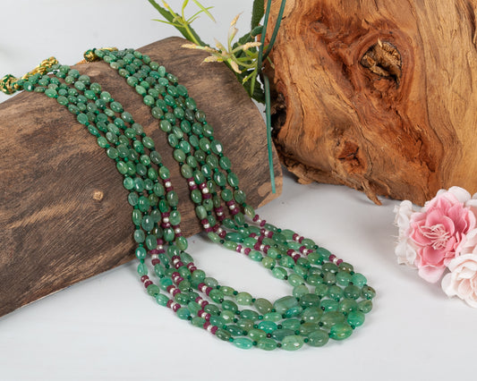 Natural Emerald, Ruby & Pearl Gemstone Beads Necklace Jewelry