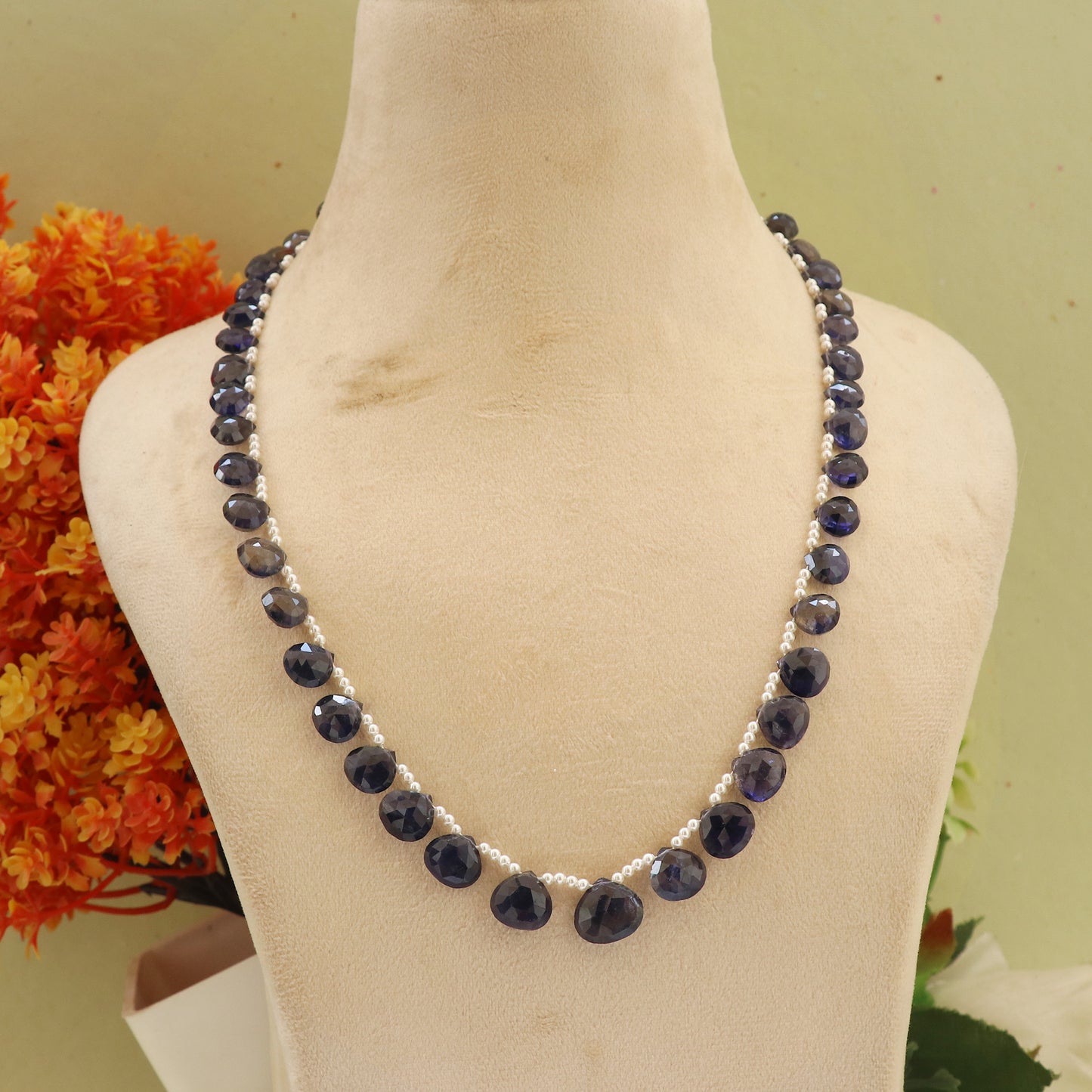 Natural Iolite Gemstone Heart Beaded Necklace