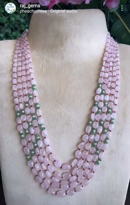Natural Morganite, Emerald, Pearl, Ruby Gemstone Beads Necklace